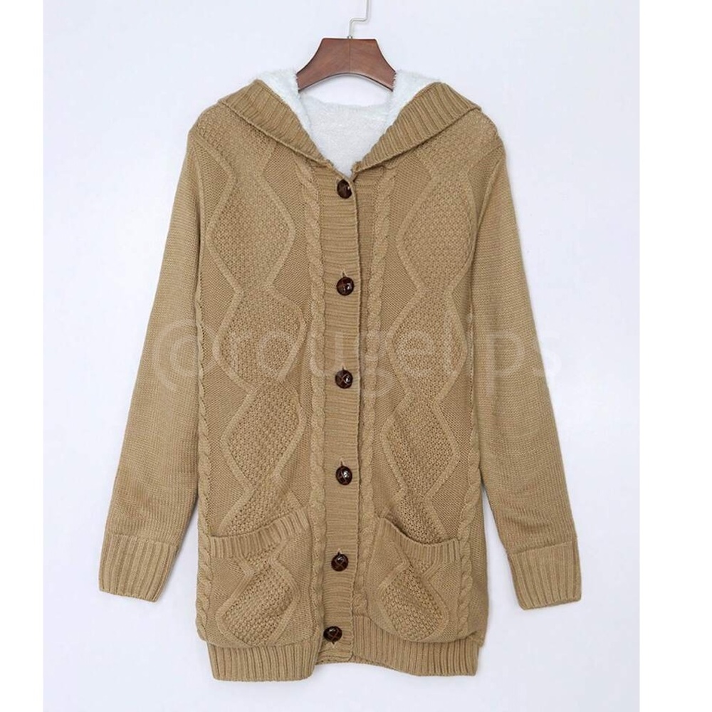 Pink Sherpa Knit Hooded Cardigan Front Pockets Long Sleeves Hip Length - Picture 10 of 17